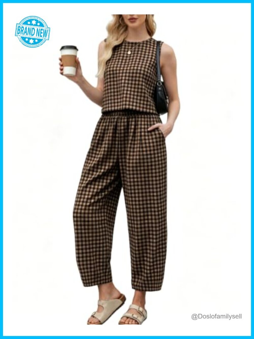 Cotton Linen Gingham 2 Piece Sleeveless Top Wide Leg Pant Set Summer